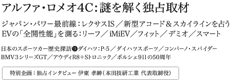 アルファ・ロメオ4C：謎を解く独占取材 ジャパン・パワー最前線：レクサスIS／新型アコード＆スカイラインを占う EVの「全開性能」を測る：リーフ／iMiEV／フィット／デミオ／スマート 日本のスポーツカー歴史探訪­ダイハツ：P-5／ダイハツスポーツ／コンパーノ・スパイダー BMV 3シリーズGT／アウディR8＋Sトロニック／ポルシェ911の50周年